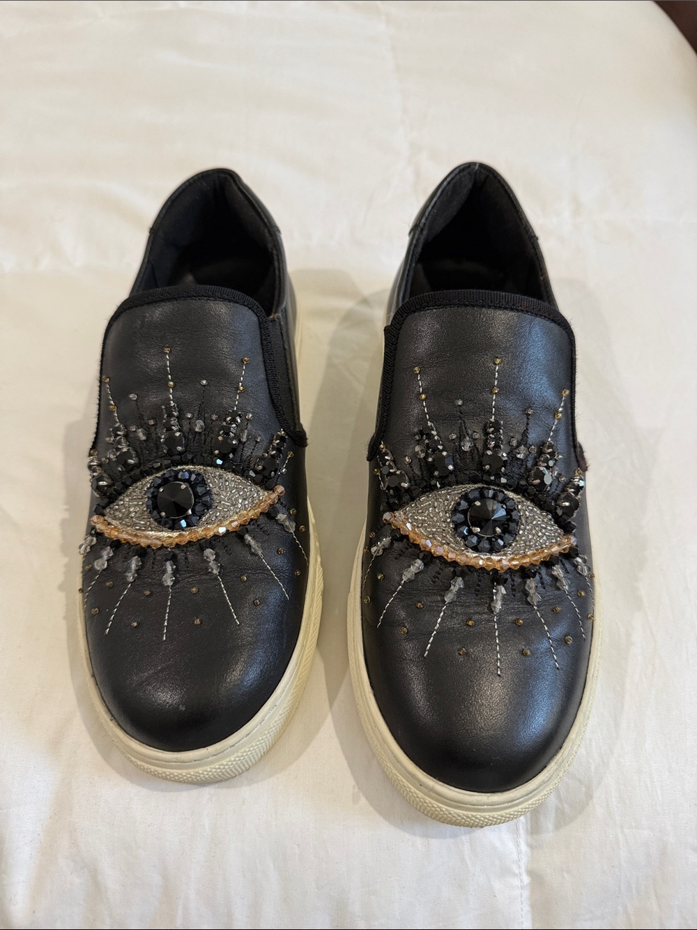 Nordstrom Kurt Geiger Black leather Slip-On Sneakers with Beaded evil Eye Motif